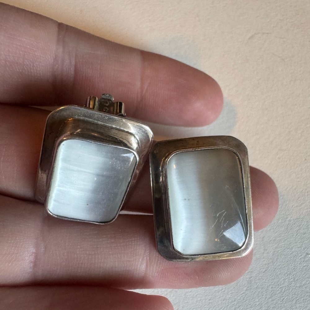 Vintage Sterling Silver and White Opalite Rectangular Clip on Earrings